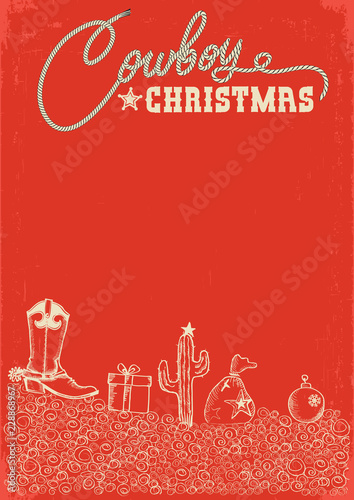 Red christmas card with western cowboy decorations and text