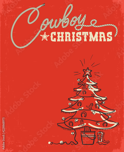 Western red christmas card with cowboy christmas tree and decoration