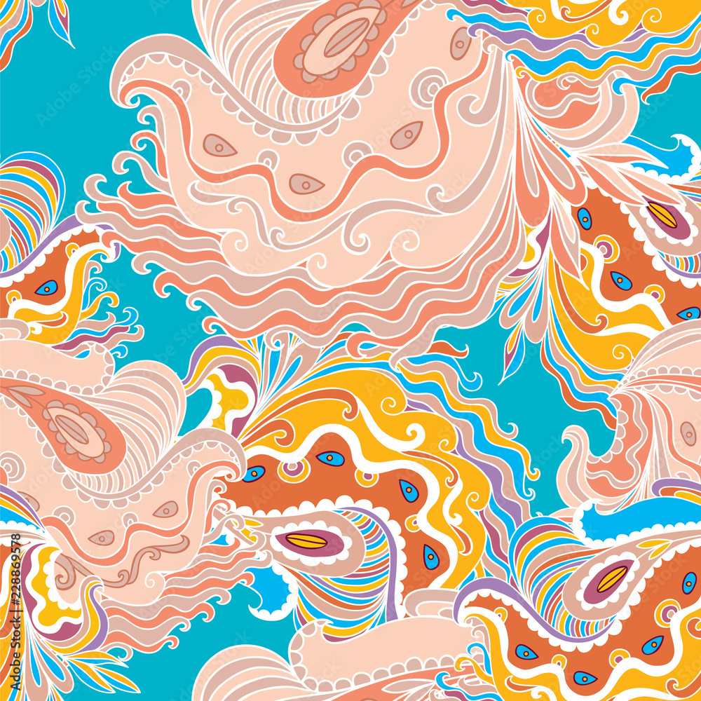 Seamless hand - drawn pattern. Flower, waves, curls, nature theme, abstract elements Vector illustration