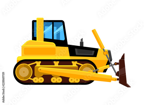 bulldozer isolated. quarry hydraulic machine for work front end yellow loader builders equipment vehicle vector cartoon
