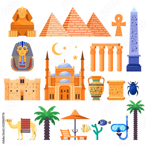 Travel to Egypt vector icons and design elements. Egyptian national symbols and ancient landmarks flat illustration