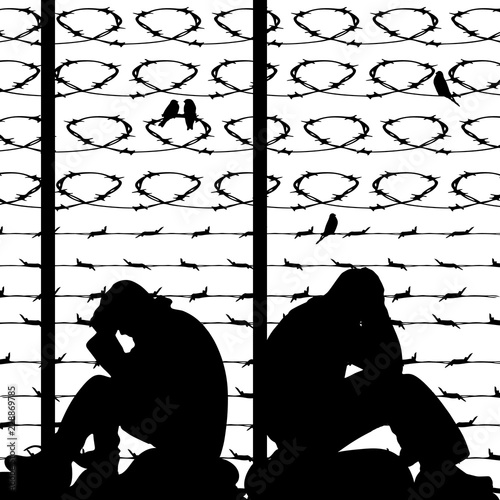 Migrant refugees behind barbed wire, silhouette of two sad men sitting on the ground, on a white background,