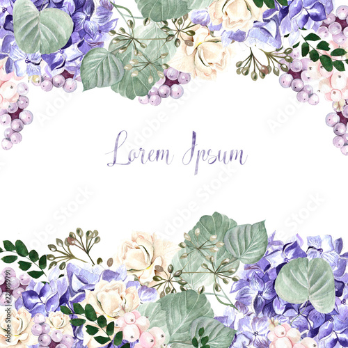 Beautiful watercolor wedding card with leaves and flowers of  hudrangea, rose...
