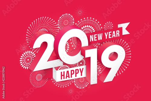 Vector illustration of  fireworks. Happy new year 2019 theme