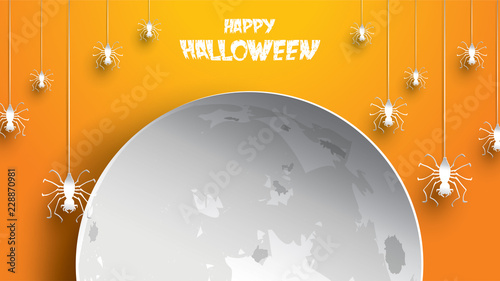 Halloween background with spider and moon in paper art carving style. banner, poster, Flyer or invitation template party. Vector illustration.
