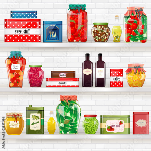 comfort collection Delicious and healthy preserved food on shelv
