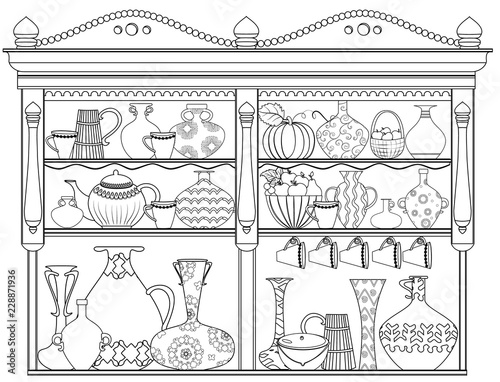 cute cupboard with vases and pots for your coloring book