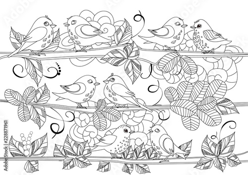 funny birds sitting on branches of tree for your coloring book