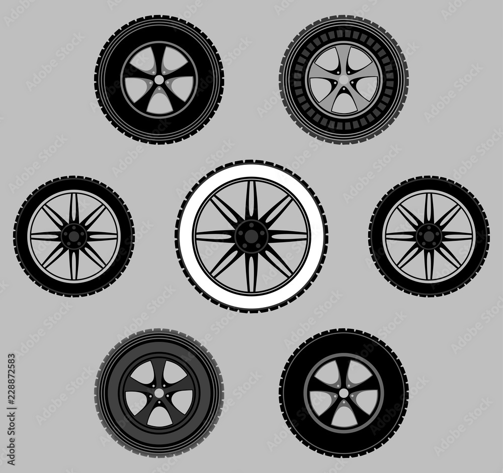 set wheel car tire black white gray monochrome set wheel car tire black white gray monochrome