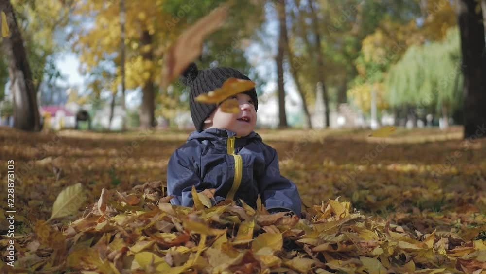 Happy little child, baby boy laughing and playing in the autumn in the park walk outdoors. Happy little child, baby boy laughing and playing in the autumn in the park walk outdoors.