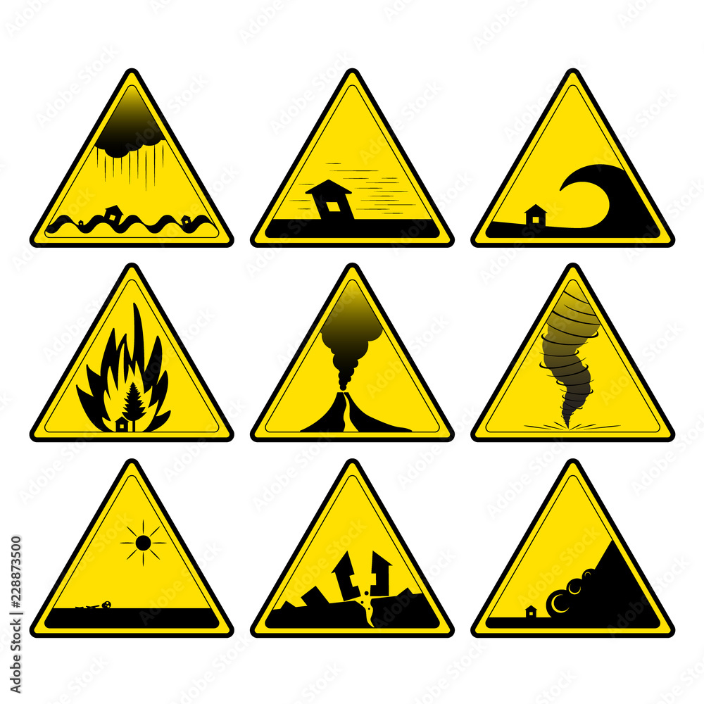 Set of nature disaster warning signs. Vector image. Eps 10. Stock