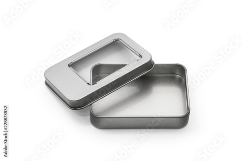 Empty metal box isolated on white background. Steel container or accessory package for your design. ( Clipping path or cut out object for montage ) Can put text, image, and logo.