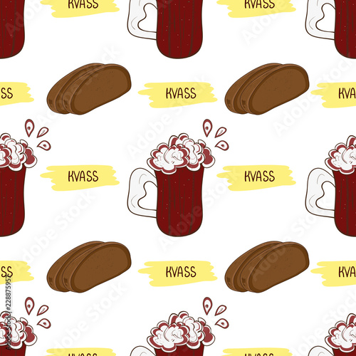 Kvass. Glass and bread. Background, wallpaper, seamless. Sketch. Doodle.