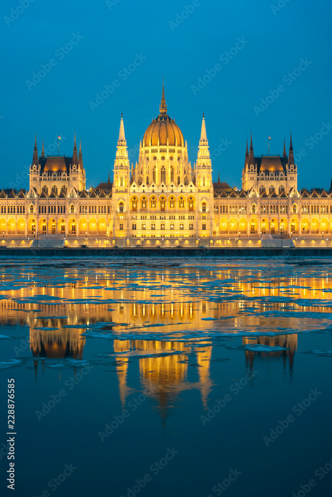 Hungarian parliament at night, winter