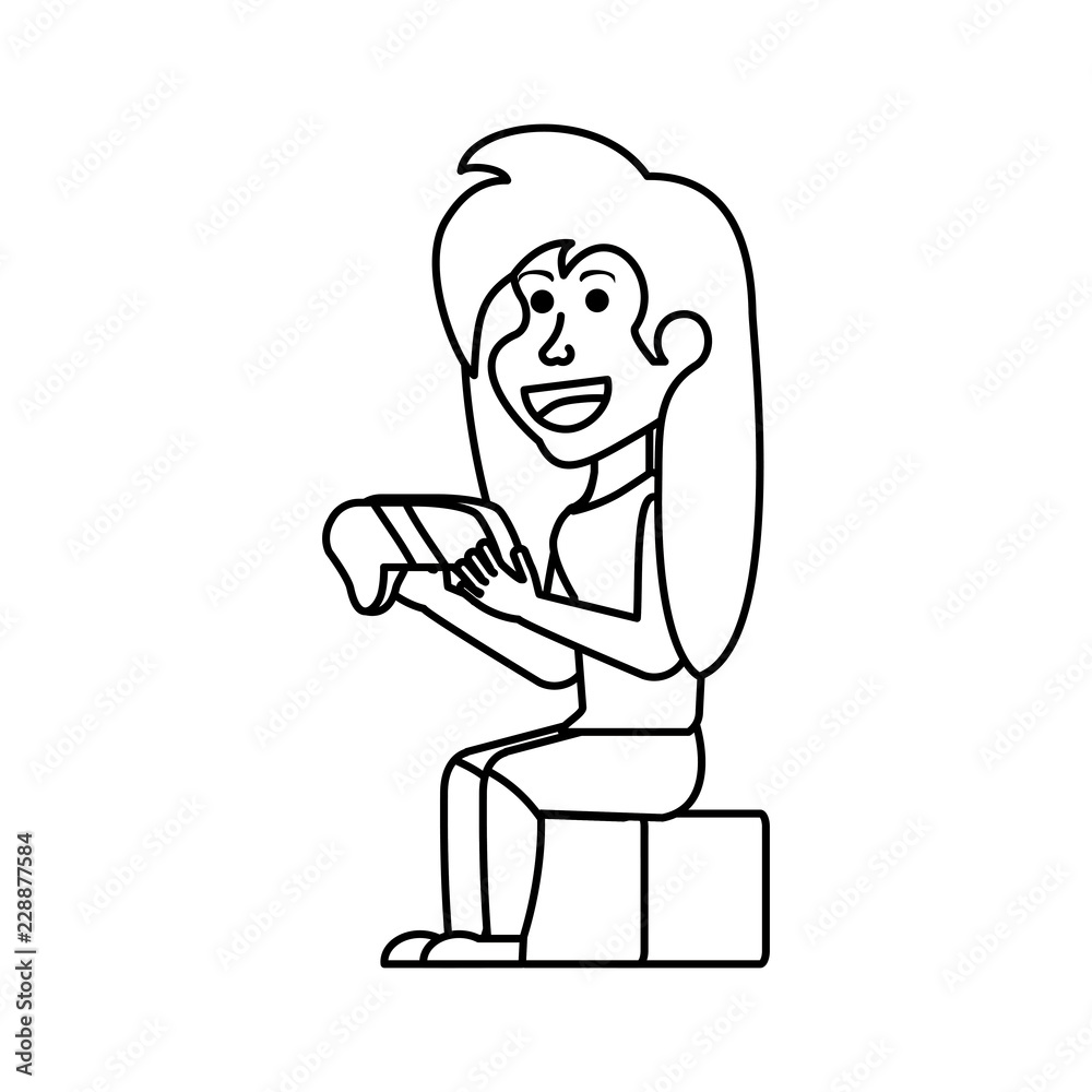 girl sitting with game control character
