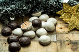 christmas sweet, chocolate gingerbreads on wooden background