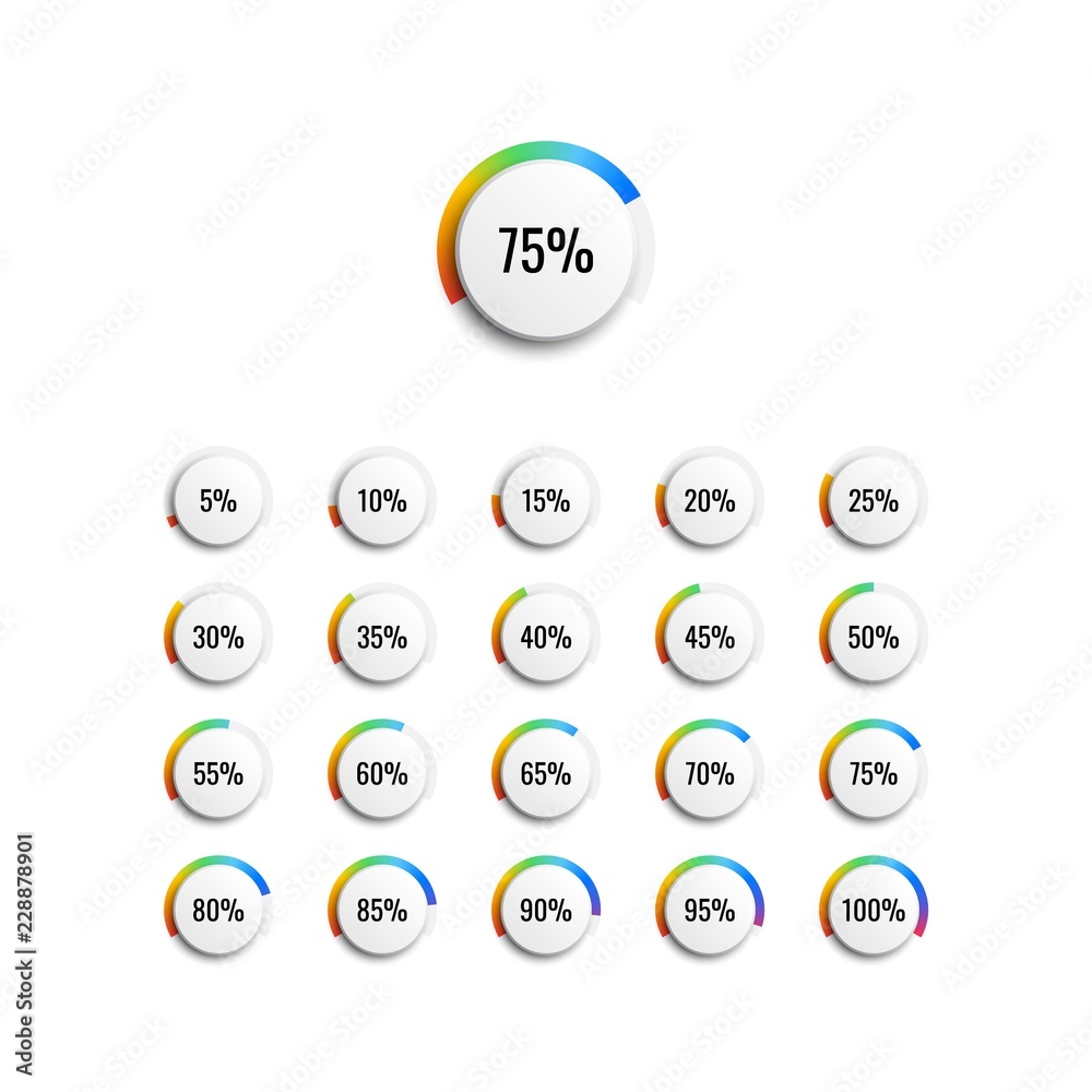 set of circle percentage diagrams with rainbow gradient indicator and 5 ...