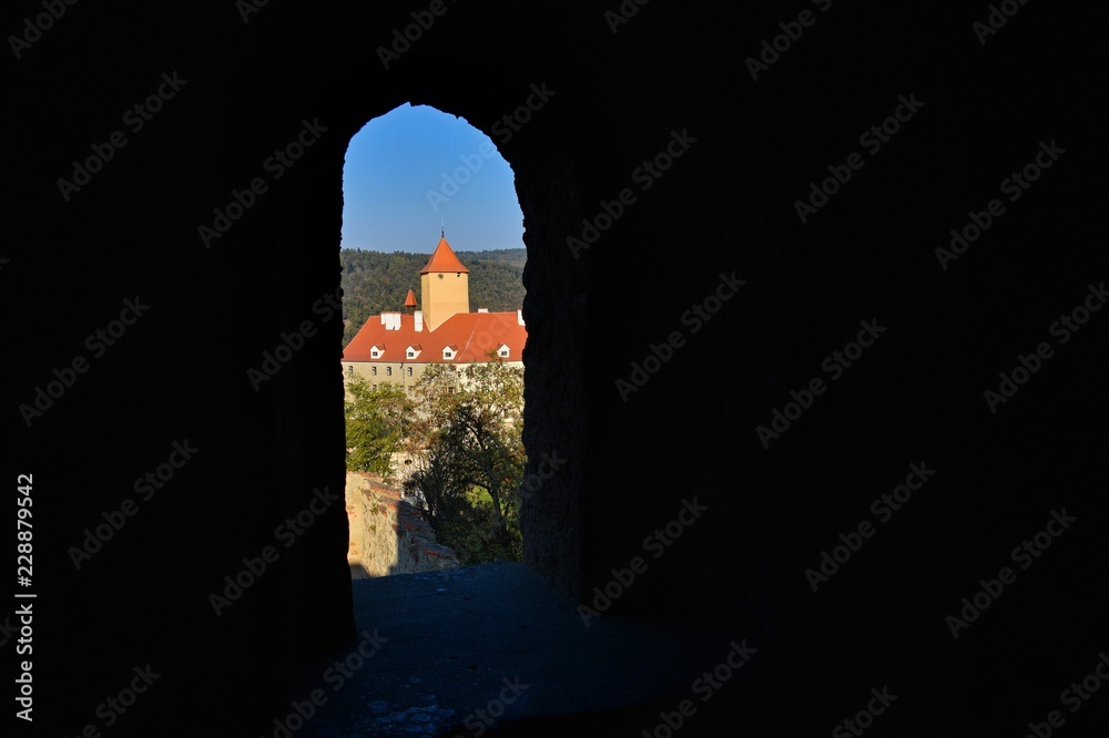 Fototapeta premium Castle Veveri - City of Brno, Czech Republic - Europe. Beautiful autumn landscape with castle. Brno dam and sunset at the golden hour. Autumn season October.