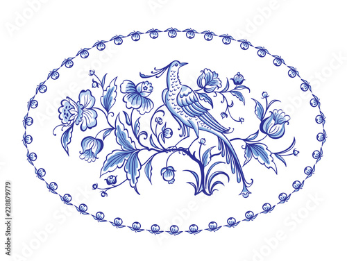 Fantastic bird of paradise sitting on a bush of fabulous flowers in an oval frame, blue pattern, painting, Delft, Gzhel, English porcelain, vector illustration.