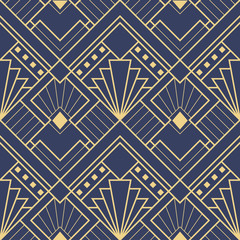 Wandcirkels Blauw goud patronen Art deco waaiermotief goud blauw  © lumyaisweet