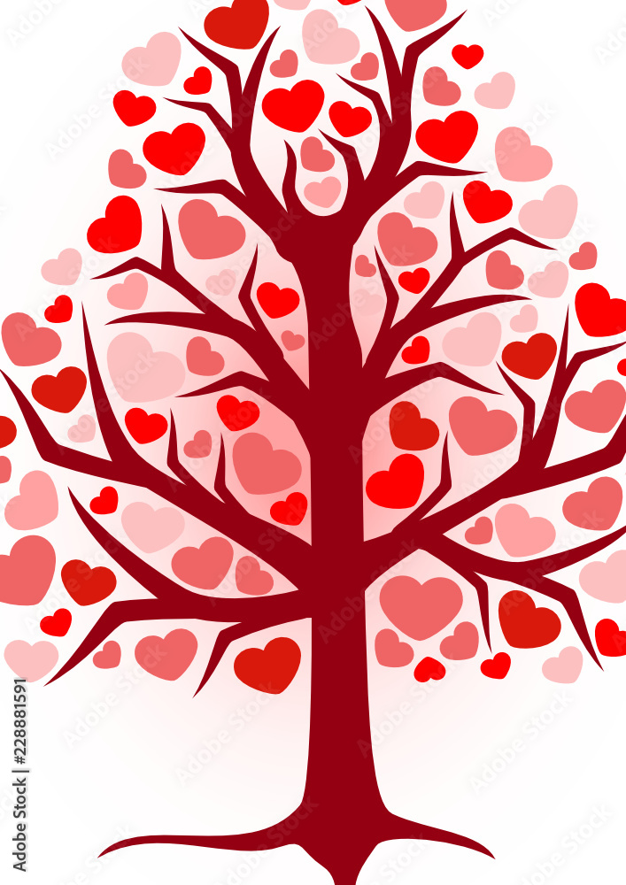 Obraz premium illustration of a brown tree with red hearts on a white background
