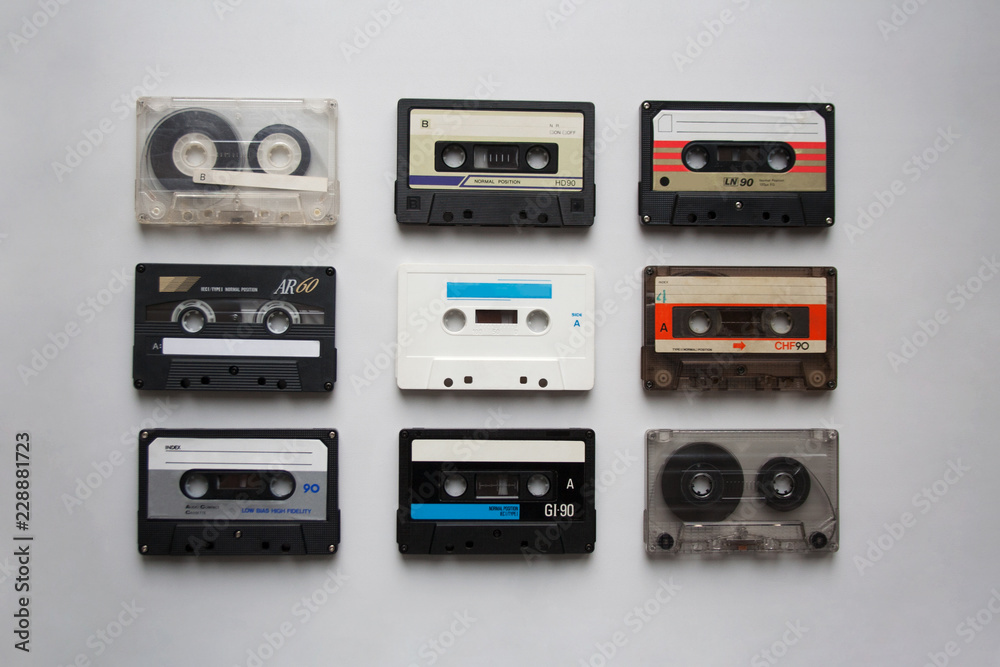 Audio cassettes collection isolated on white background from a high angle view