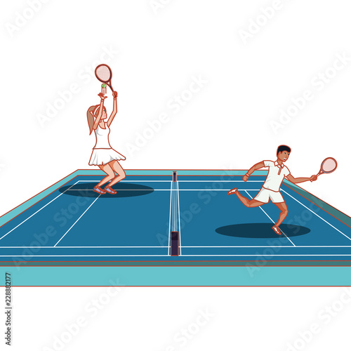 couple practicing tennis in court