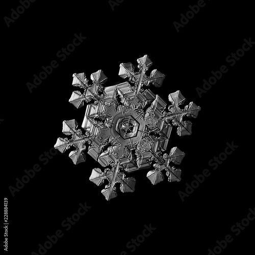 Snowflake isolated on black background. Macro photo of real snow crystal: elegant star plate with fine hexagonal symmetry, six short, broad arms and glossy relief surface with complex inner details.