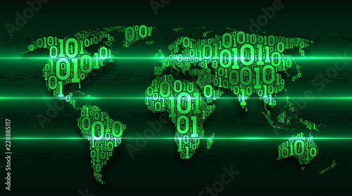 Abstract map world with continents from digital binary code on the background abstract printed circuit board, concept of big data, global cloud service, digital technology