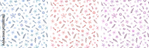 Set of three seamless ditsy floral patterns in pastel blue, pale red and lavender violet.