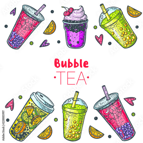 Bubble tea hand drawn illustration. Cocktail collection. Bubble tea vector illustration. Drink set. Design template.