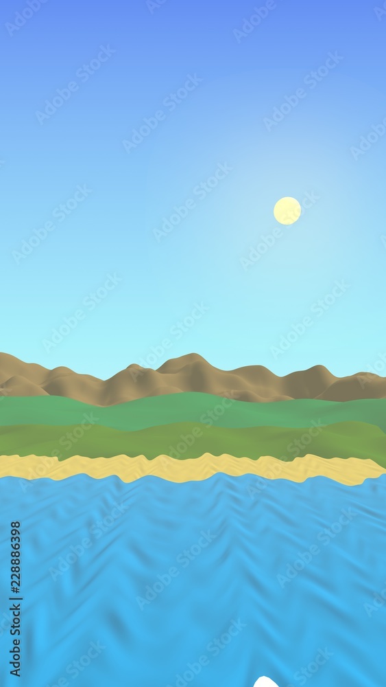 Sun Sea Beach. Noon. Ocean shore line with waves on a beach. Island beach paradise with waves. Vacation, summer, relaxation. Seascape, seashore. Minimalist landscape, primitivism. 3D illustration