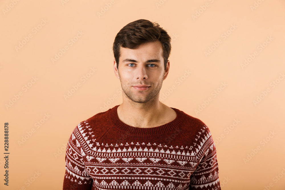 Image of happy man 20s with bristle wearing knitted sweater smiling at camera, isolated over beige background Image of happy man 20s with bristle wearing knitted sweater smiling at camera, isolated over beige background