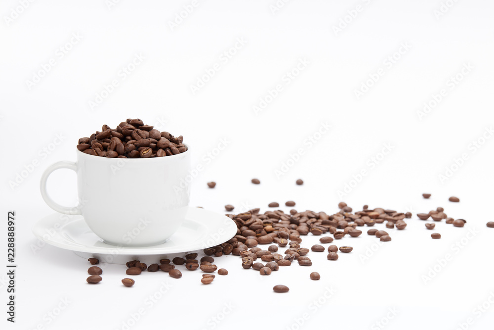 Coffee Cup and beans Isolated on White Background with copy space Coffee Cup and beans Isolated on White Background with copy space