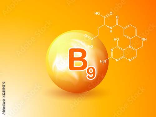 Nutrition sign vector concept. The power of vitamin B9. Chemical formula