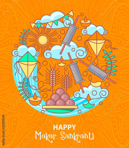 Makar Sankranti kites festival of India. Food, candels, sun, kite string spool background. Makar Sankranti celebration vector illustration