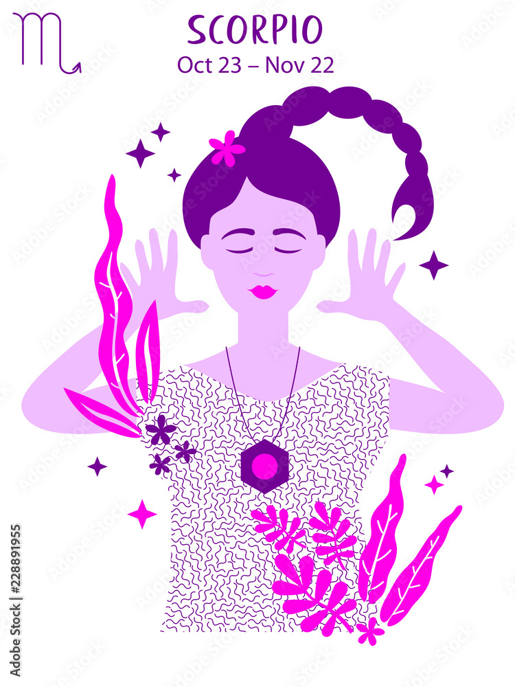 Scorpio zodiac sign. Girl vector illustration. Astrology zodiac profile. Astrological sign as a beautiful women. Future telling, horoscope, alchemy, spirituality, occultism, fashion