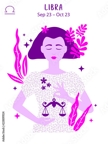Libra zodiac sign. Girl vector illustration. Astrology zodiac profile. Astrological sign as a beautiful women. Future telling, horoscope, alchemy, spirituality, occultism, fashion