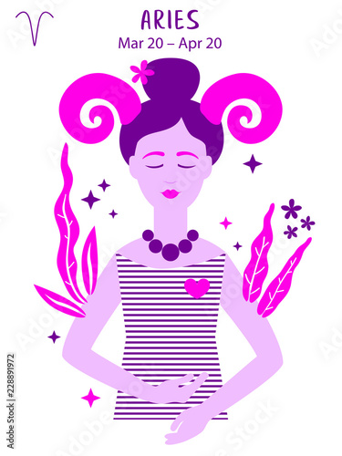 Aries zodiac sign. Girl vector illustration. Astrology zodiac profile. Astrological sign as a beautiful women. Future telling, horoscope, alchemy, spirituality, occultism, fashion