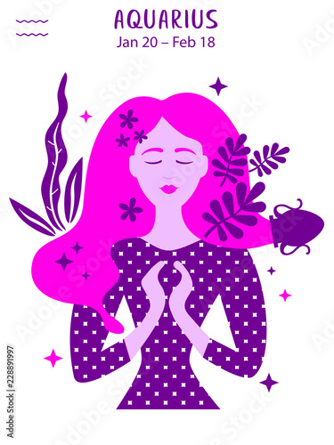 Aquarius zodiac sign. Girl vector illustration. Astrology zodiac profile. Astrological sign as a beautiful women. Future telling, horoscope, alchemy, spirituality, occultism, fashion