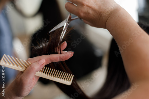 Focus on close up of female stylist trimming woman split ends. Customer is sitting in chair while hairdresser is using comb and scissors