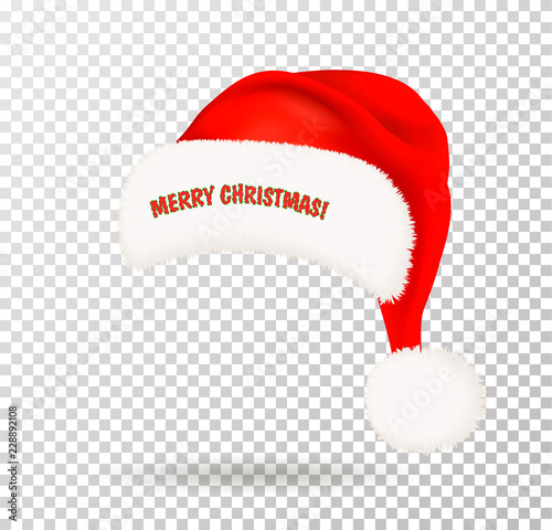 Single red Santa Claus hat with white pompon on transparent background. Vector illustration