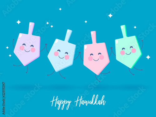 Cartoon funny wooden dreidels for Hanukkah Jewish holiday isolated on white. Happy Hanukkah. Hanukkah design. Vector illustration