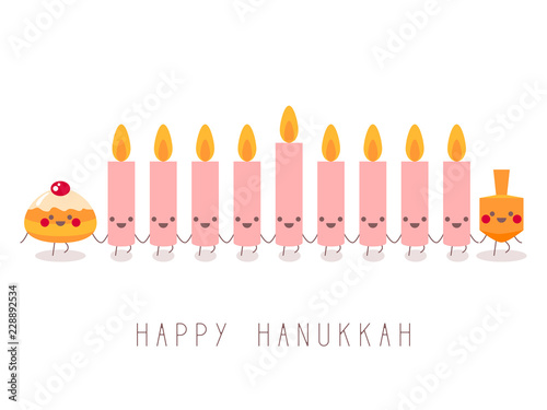 Happy Hanukkah! Greeting card for jewish holiday of Hanukkah. Hanukkah donut sufganiyot, wooden dreidel (spinning top) and candles for menorah