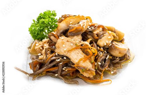 Chicken in teriyaki sauce with buckwheat noodles, mushrooms and carrots. Asian Lunch