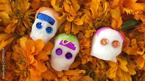 Authentic skulls and cempasuchitl flowers for the day of the dead in Mexico photo