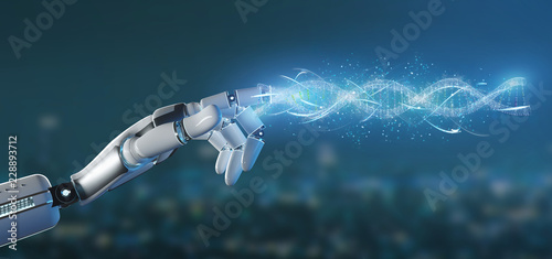 Cyborg hand holding a DNA branch 3d rendering