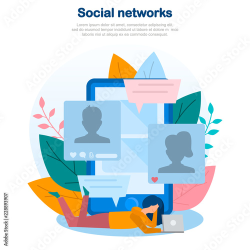 Concept illustration of social networks, internet communication, socialization online, online service, online, web, mobile application. Color flat vector design