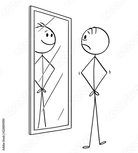 Cartoon stick drawing conceptual illustration of man sad depressed man looking at himself in the mirror but seeing smiling and cheerful yourself.