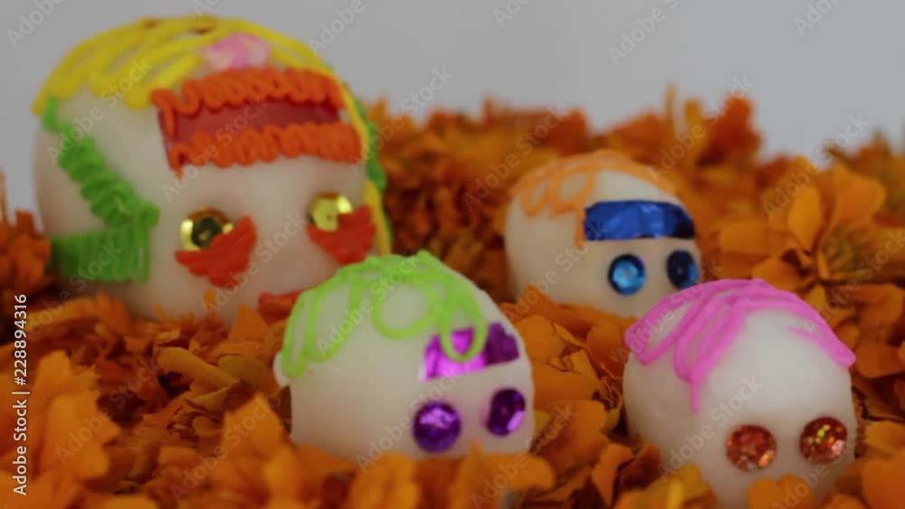Authentic skulls and cempasuchitl flowers for the day of the dead in Mexico Authentic skulls and cempasuchitl flowers for the day of the dead in Mexico